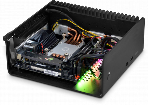 Photo showing internal component layout - internal tray has been removed to give a better view. Motherboard RGB lights can be turned off, previous X470-I motherboard shown.